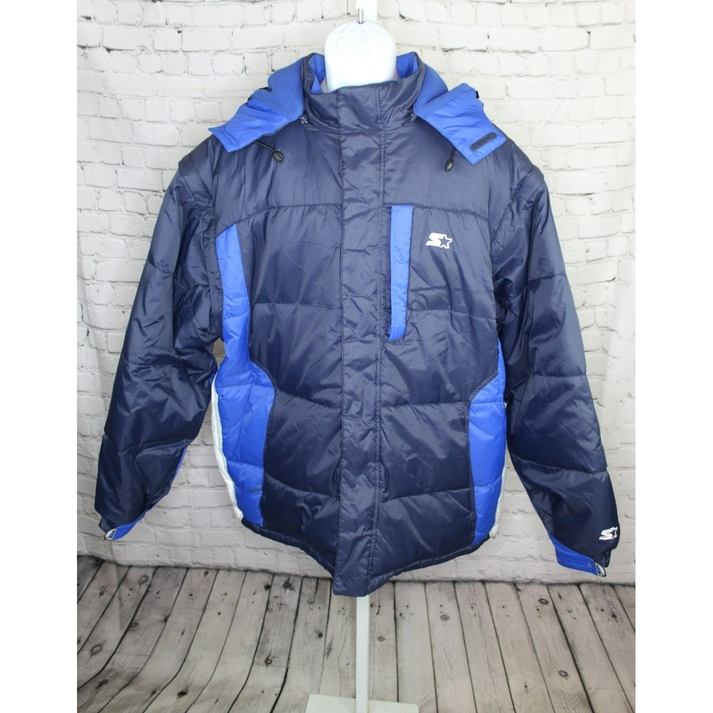 Vintage Starter Jacket Men XL Blue Reversible Hooded Goose Down Puffer 90s EUC